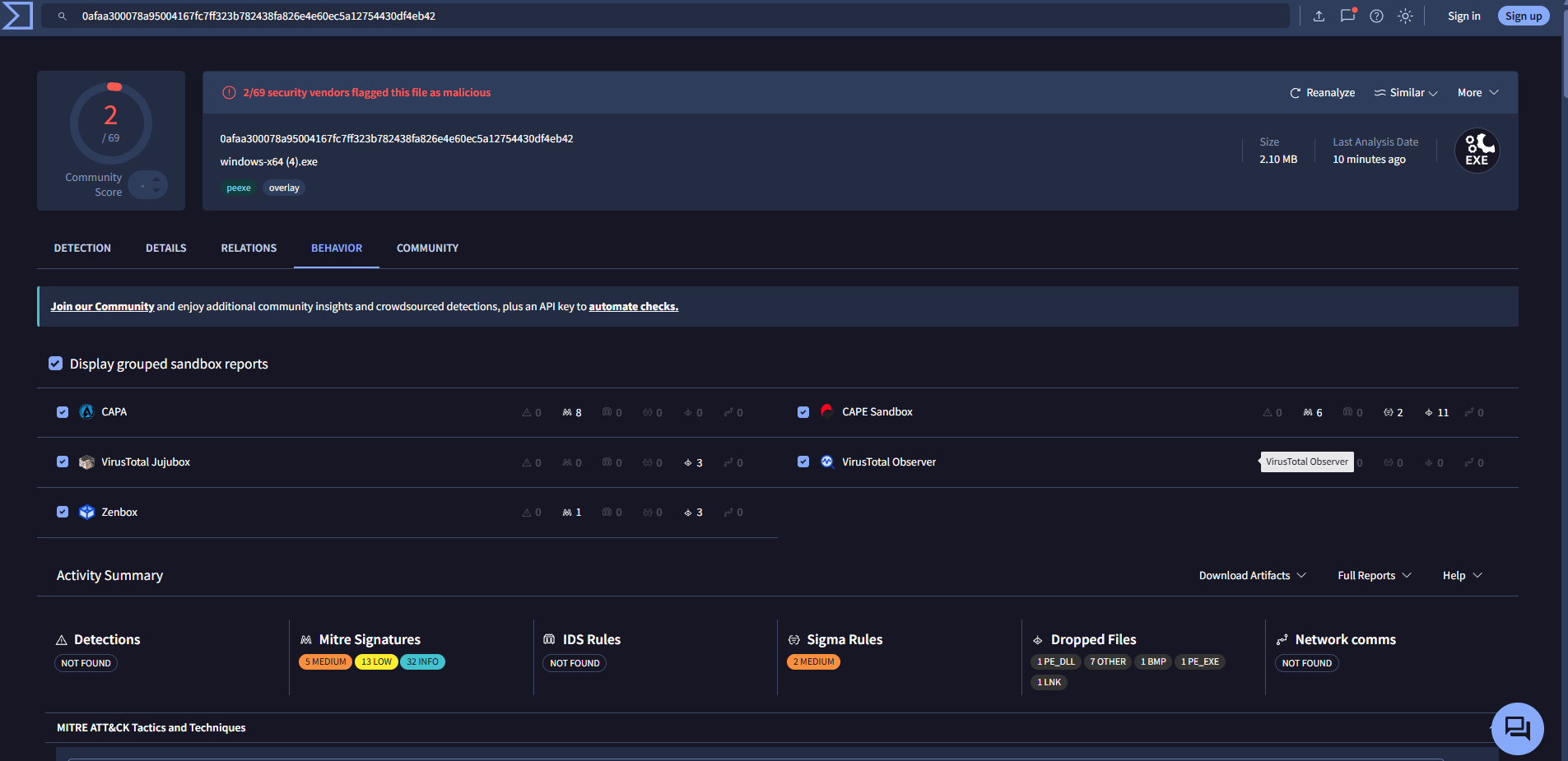 Screenshot VirusTotal con comportamento sandbox del file Windows