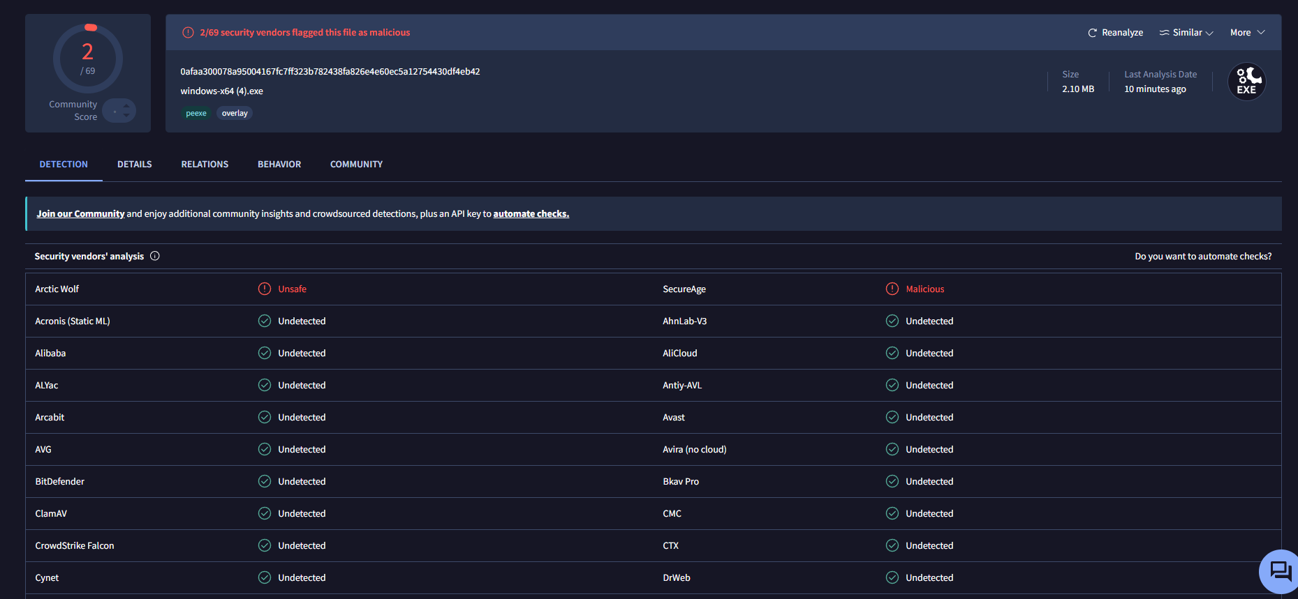 Screenshot VirusTotal con rilevazioni antivirus del file Windows